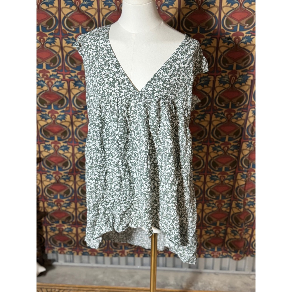 Green Floral‎ Tunic Top V Neck Sleeveless Flowy Summer Blouse X Large